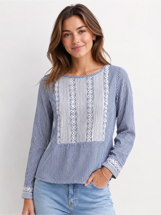Brooks Brothers Tops - Brooks Brothers Red Fleece Stripe Embroidered Lace Bib Long Sleeve Blouse Top